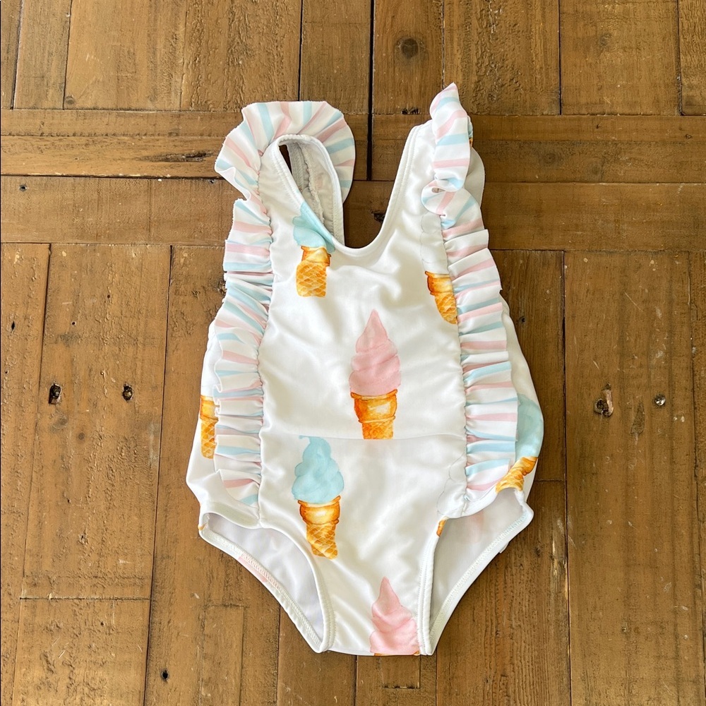 Sal and Pimenta ruffled ice cream one piece swimsuit bow back 12 months